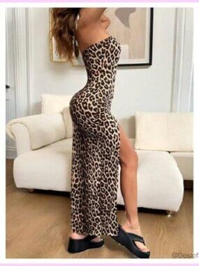 Leopard Print Strapless Bodycon Maxi Dress Y2K Chic Party Night Out